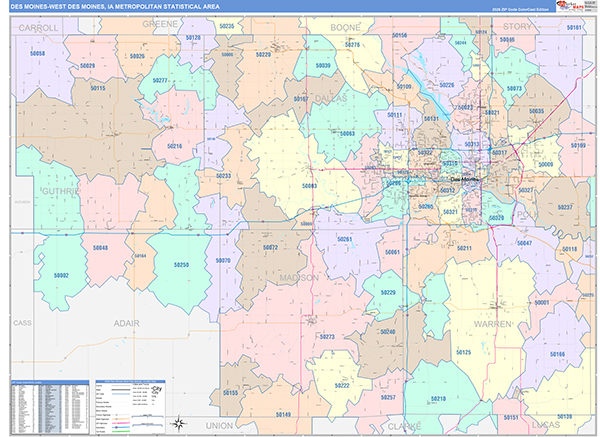 Des Moines-West Des Moines Metro Area Wall Map Color Cast Style
